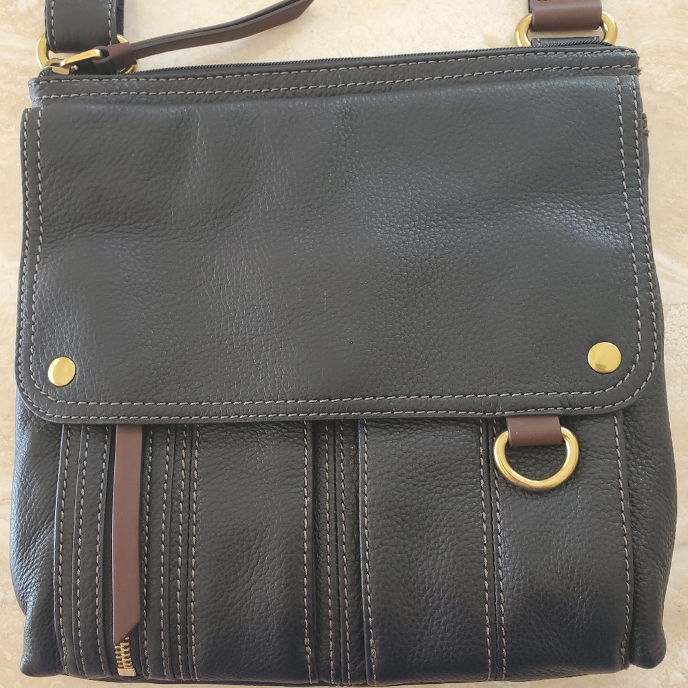 NEW FOSSIL CROSSBODY MESSENGER BAG BLACK W/ BROWN ACCENTS